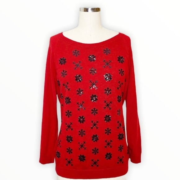 Talbots Red Sequin Lambswool Crew Neck Holiday Sweater - Picture 12 of 12